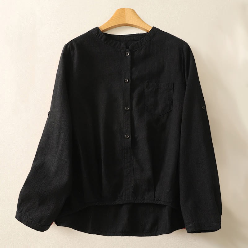 Casual Women's Loose Standing Collar Long Sleeve Design Plain Cotton Linen Shirt