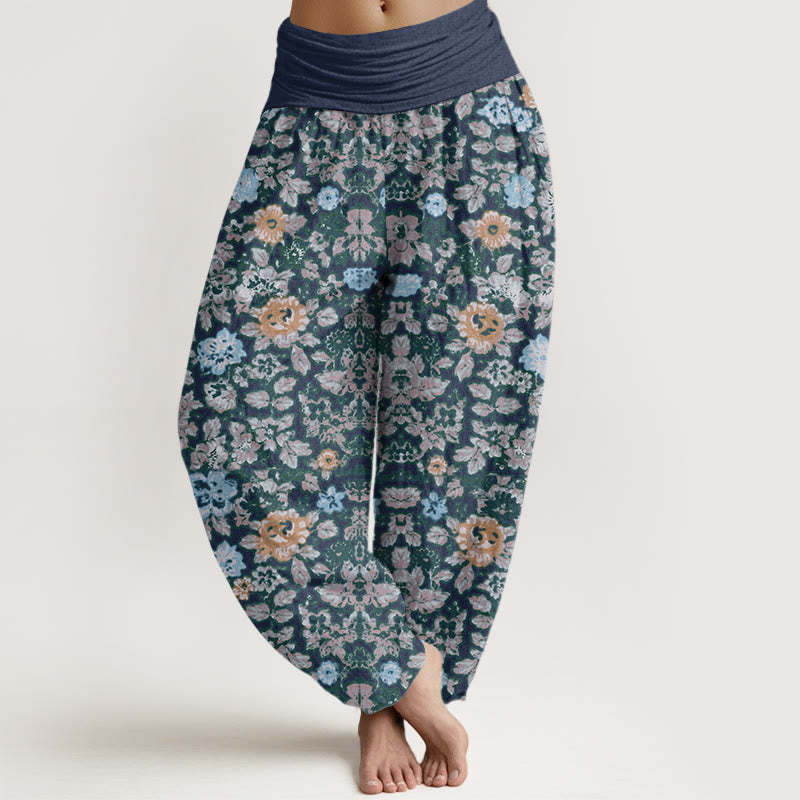 Casual Colorful Hibiscus Plant Pattern Women's Elastic Waist Harem Pants
