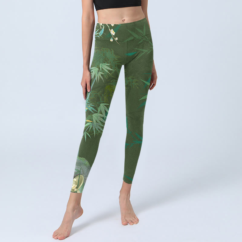 Green Bamboo Rock Flower Print Gym Leggings Women's Yoga Pants