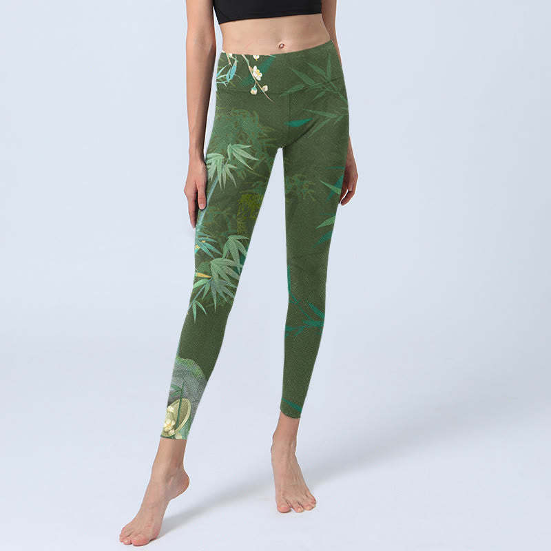 Green Bamboo Rock Flower Print Gym Leggings Women's Yoga Pants