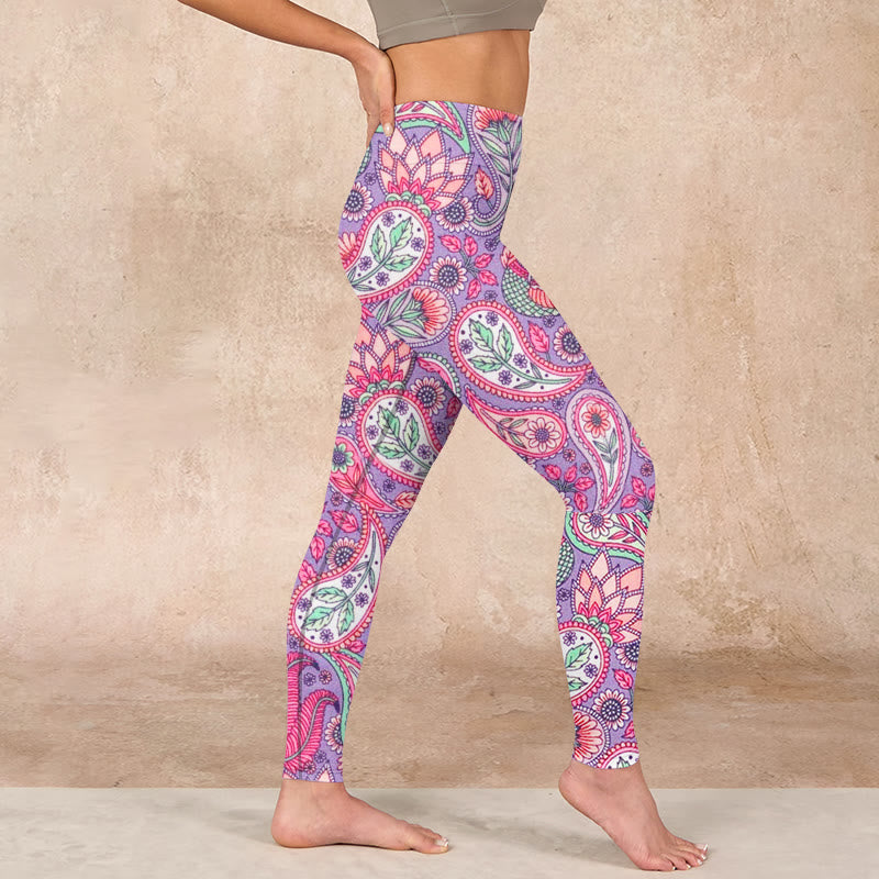 Purple Pink Cashew Flower Sunflower Print Gym Fitness Leggings Women's Yoga Pants