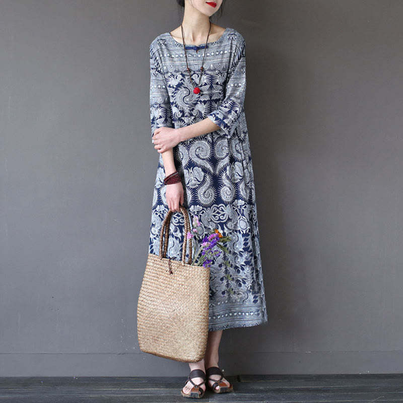 Blue White Flower Printed Button Midi Dress Three Quarter Sleeve Cotton Linen Dress With Pockets