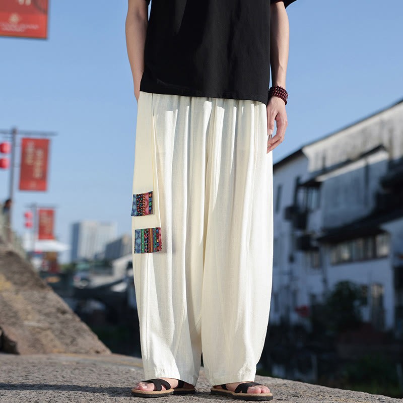 Simple Patchwork Design Drawstring Cotton Men's Wide Leg Pants With Pockets