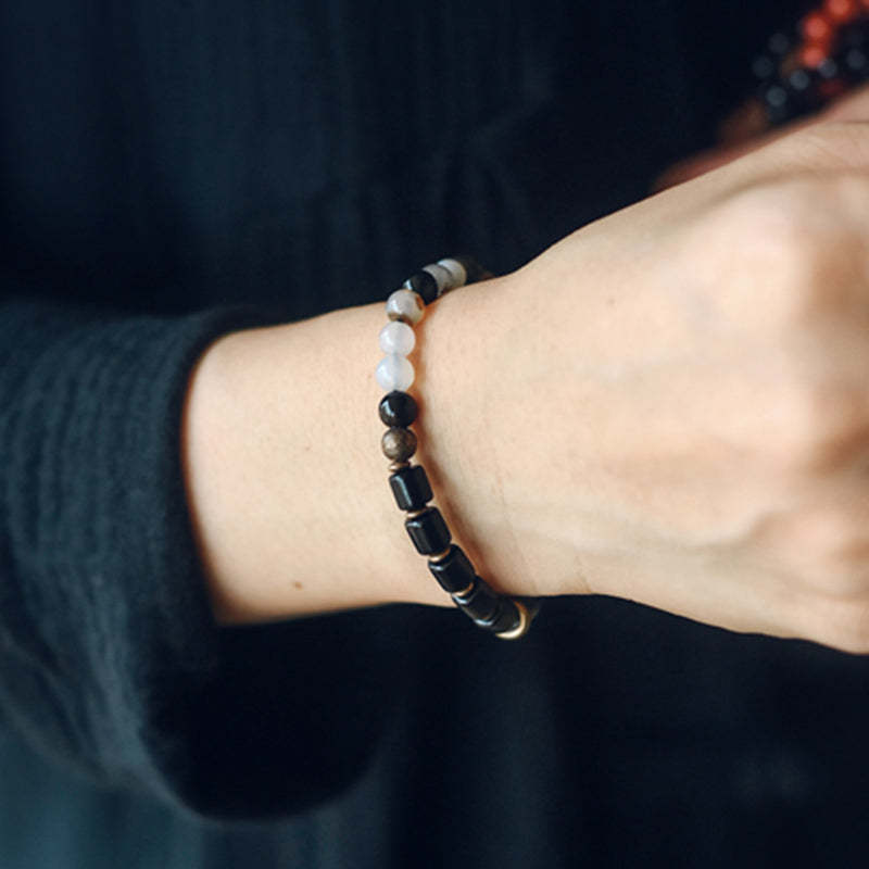 Ebony Wood Red Jasper Moss Agate Crystal Copper Peace Couple Bracelet