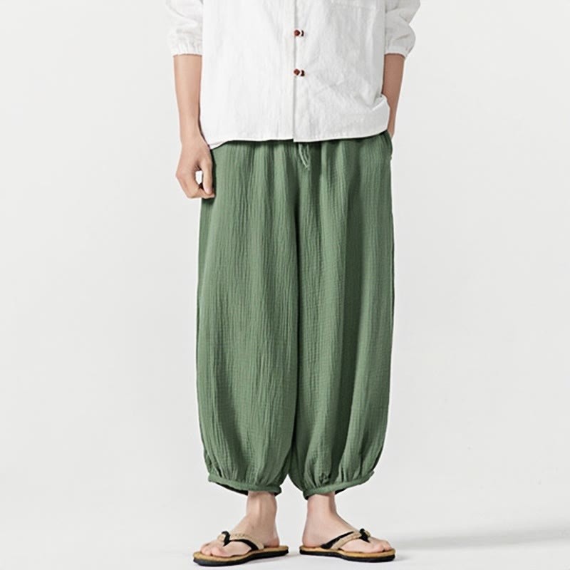 Soft Solid Color Drawstring Cotton Men's Pants With Pockets