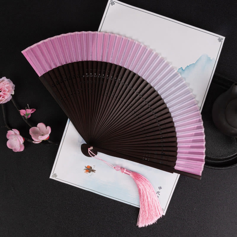 Cranes Auspicious Clouds Solid Color Gradient Handheld Cotton Linen Fabric Bamboo Folding Fan