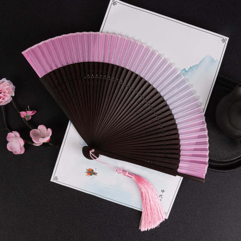 Cranes Auspicious Clouds Solid Color Gradient Handheld Cotton Linen Fabric Bamboo Folding Fan