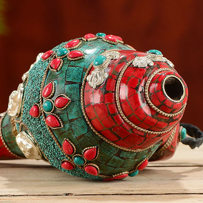 Tibetan Handmade Shankha Om Mani Padme Hum mystic zen Avalokitesvara Turquoise Conch Shell Positive Decoration