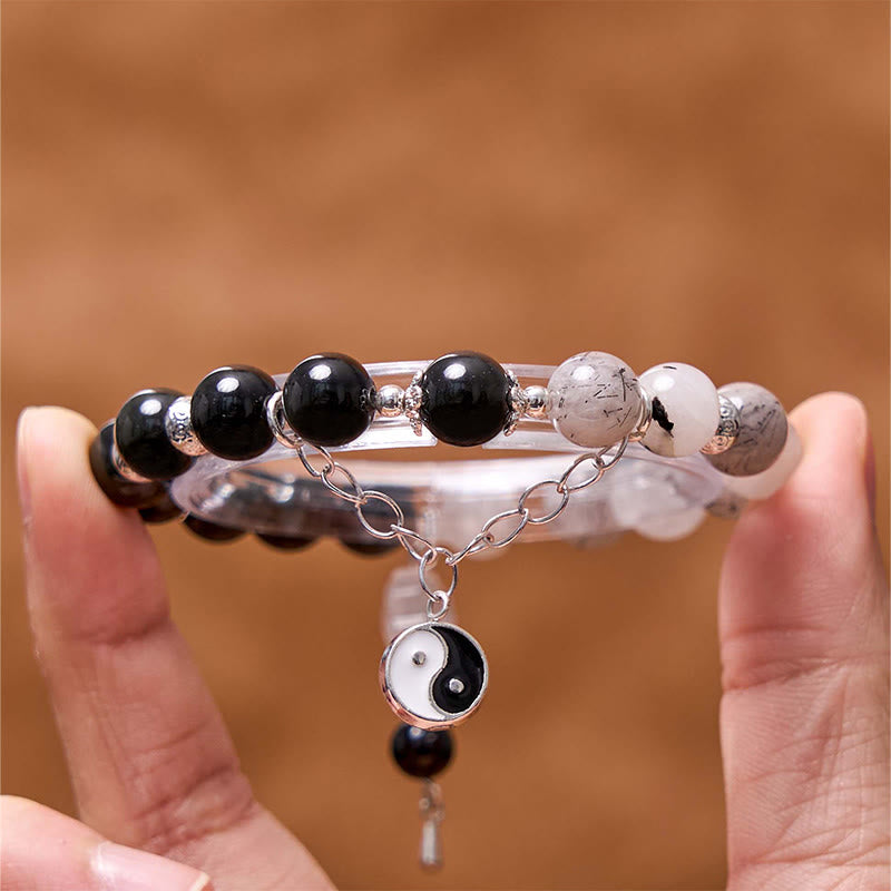 Silver Sheen Obsidian Crackle Clear Quartz Black Rutilated Quartz Yin Yang Lotus Protection Bracelet
