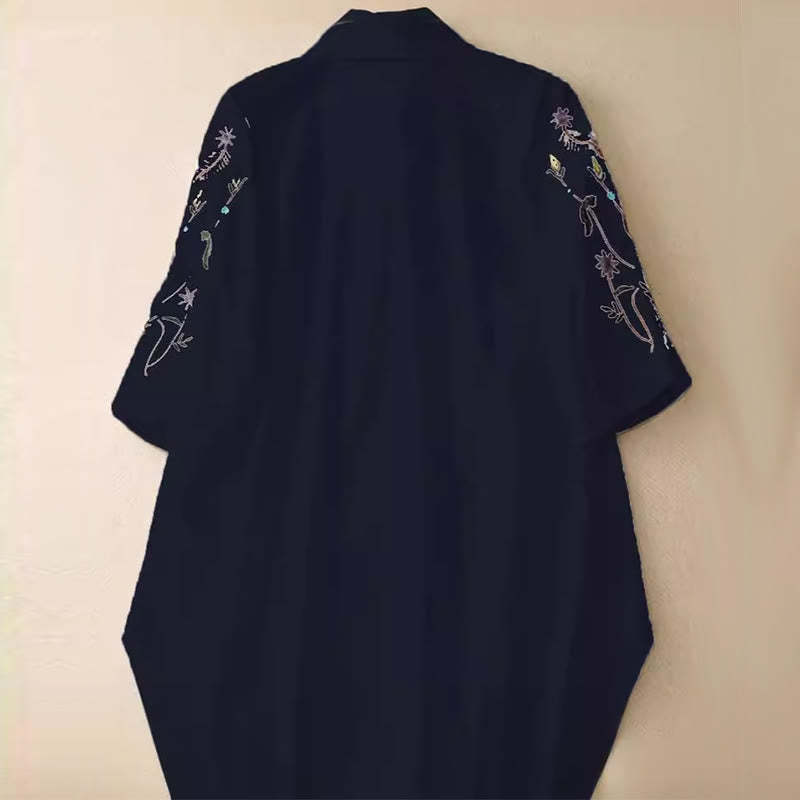 Summer Solid Color Embroidery Plants Flower Three Quarter Sleeve Lapel Button Cotton Women's Shirt