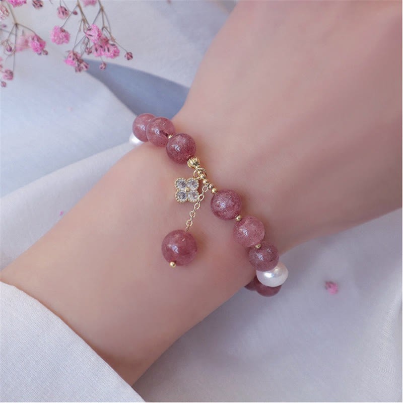 Natural Strawberry Quartz Pearl Four Leaf Clover Love Bracelet