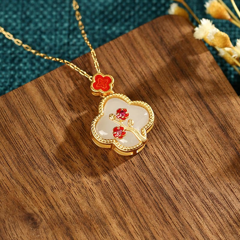 24K Gold Plated White Jade Four Leaf Clover Plum Blossom Luck Necklace Pendant Earrings