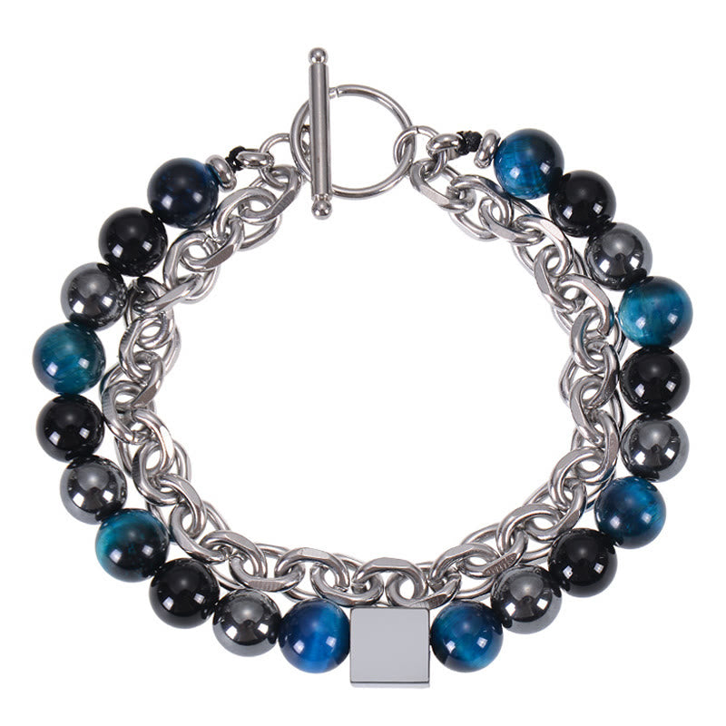 Colorful Tiger Eye Frosted Stone Black Magnetite Titanium Steel Double Wrap Protection Bracelet