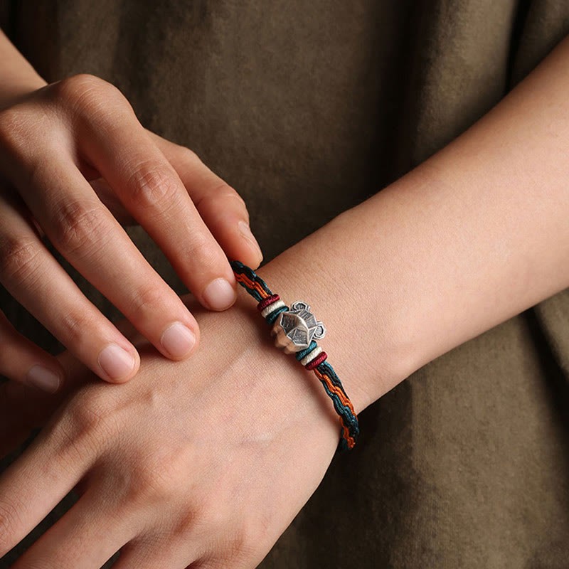 Handmade 999 Sterling Silver Year of the Dragon Chinese Zodiac Protection Colorful Reincarnation Knot Rope Bracelet