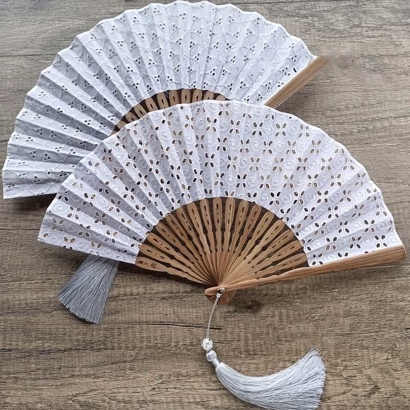 Solid Color Hollow Flowers Embroidery Cotton Fabric Handheld Bamboo Folding Fan