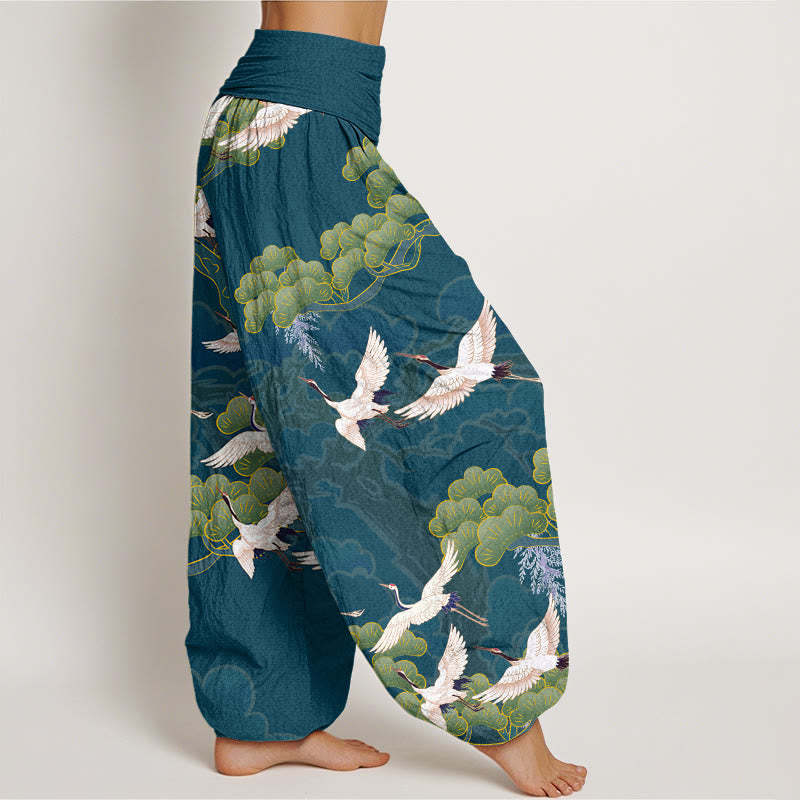 Crane Pine Tree Totem Pattern Women's Elastic Waist Harem Pants