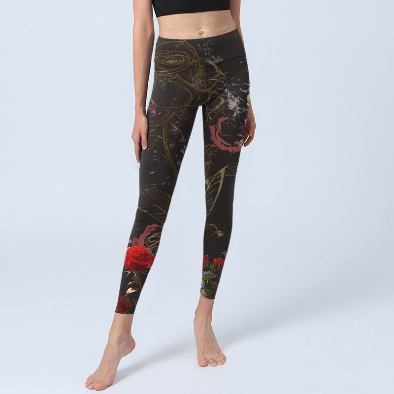 Red Roses Print Gym Leggings Women's Yoga Pants