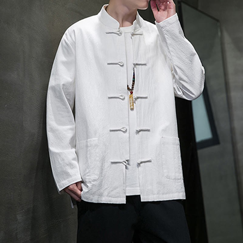 Solid Color Frog-button Tang Suit Cotton Linen Men's Jacket Shirt With Pockets