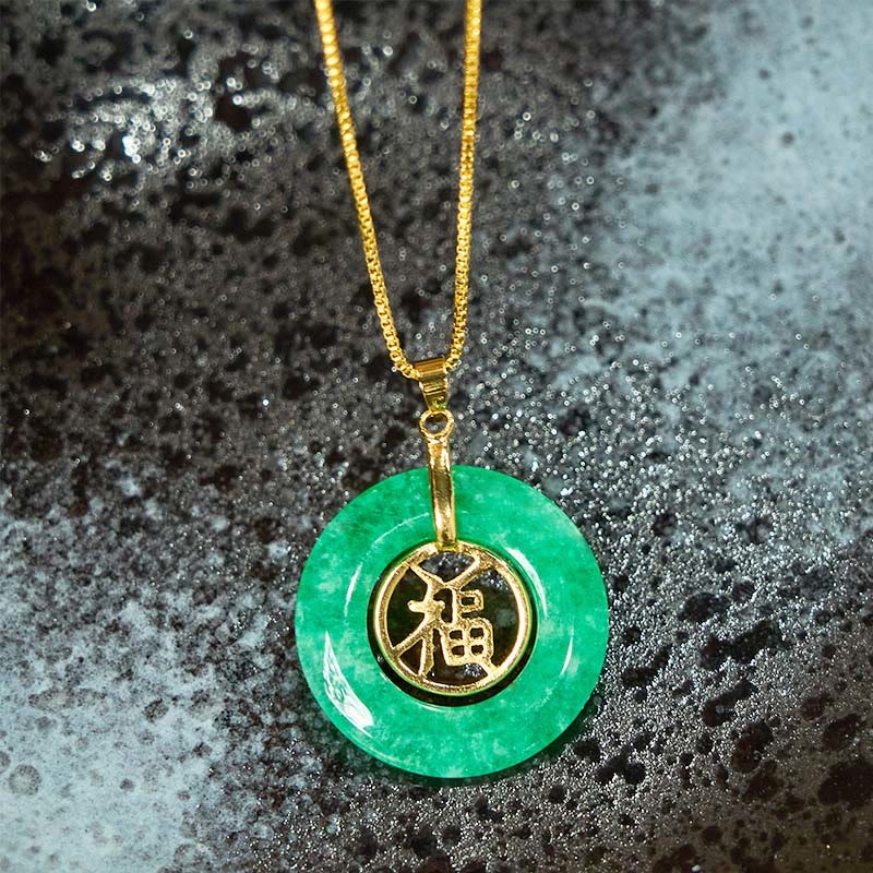 Cyan Jade Fu Character Peace Buckle Healing Luck Necklace Pendant