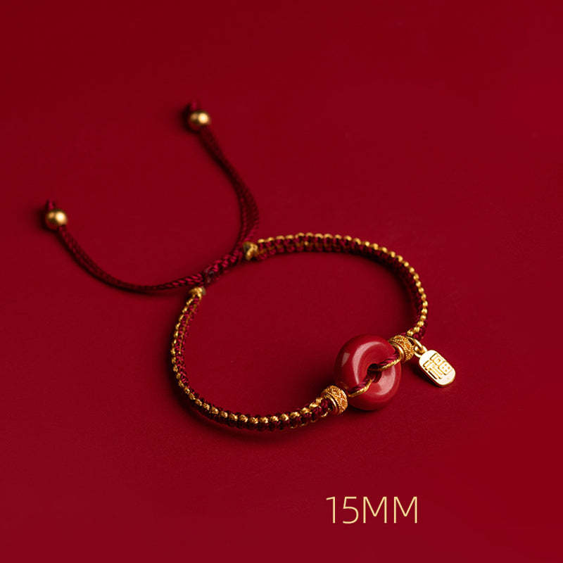 Natural Cinnabar Peace Buckle Fu Character Charm Blessing Braided Bracelet
