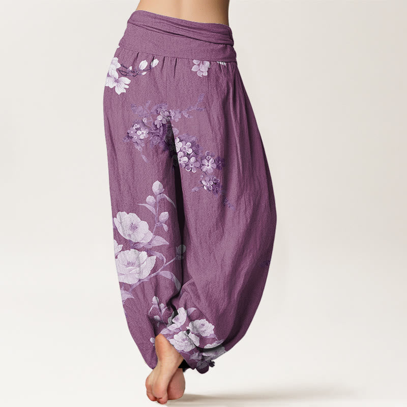 Blooming And Budding Flowers With Leaves Pattern Women's Elastic Waist Harem Pants
