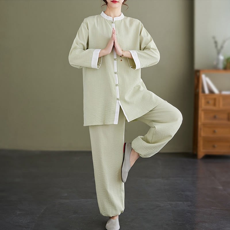 2Pcs Vintage Long Sleeve Shirt Top Pants Meditation Zen Tai Chi Cotton Linen Clothing Women's Set