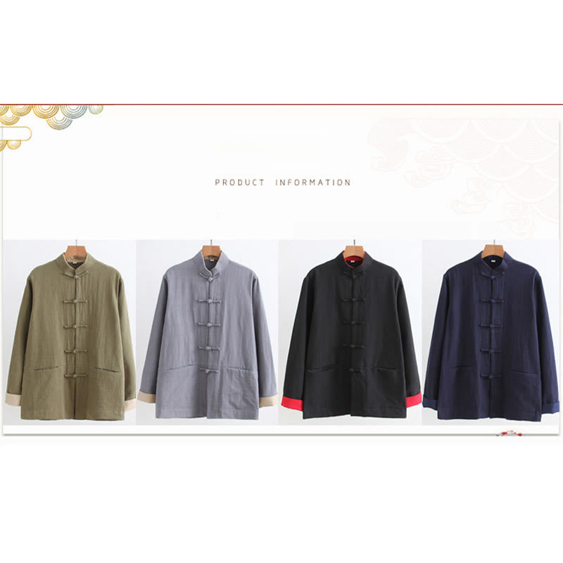 Tang Frog-Button Long Sleeve Shirt Cotton Linen Men's Clothing