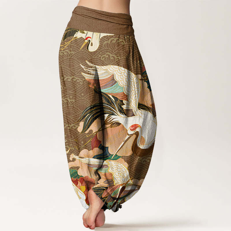 Red-crowned Crane Cloud Pattern Women's Elastic Waist Harem Pants