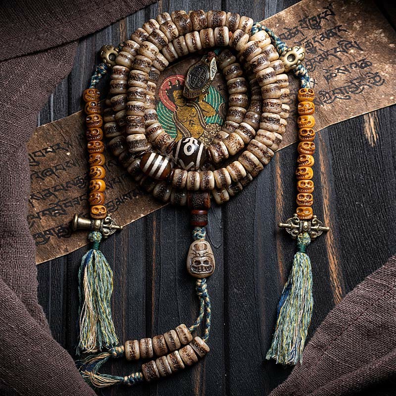Tibetan 108 Mala Beads Yak Bone Dzi Bead The Lord of the Corpse Forest Strength Bracelet