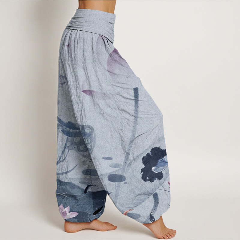 Ink Lotus Flowers Leaves Koi Fish Pattern Women's Elastic Waist Harem Pants