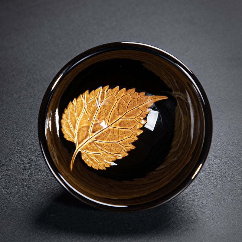 Gold Maple Leaf Chinese Jianzhan Ceramic Teacup Tenmoku Kung Fu Tea Cup Bowl