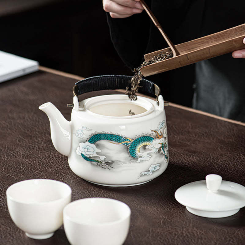 Vintage Dragon Mountain Fisherman Landscape White Porcelain Ceramic Kung Fu Teapot