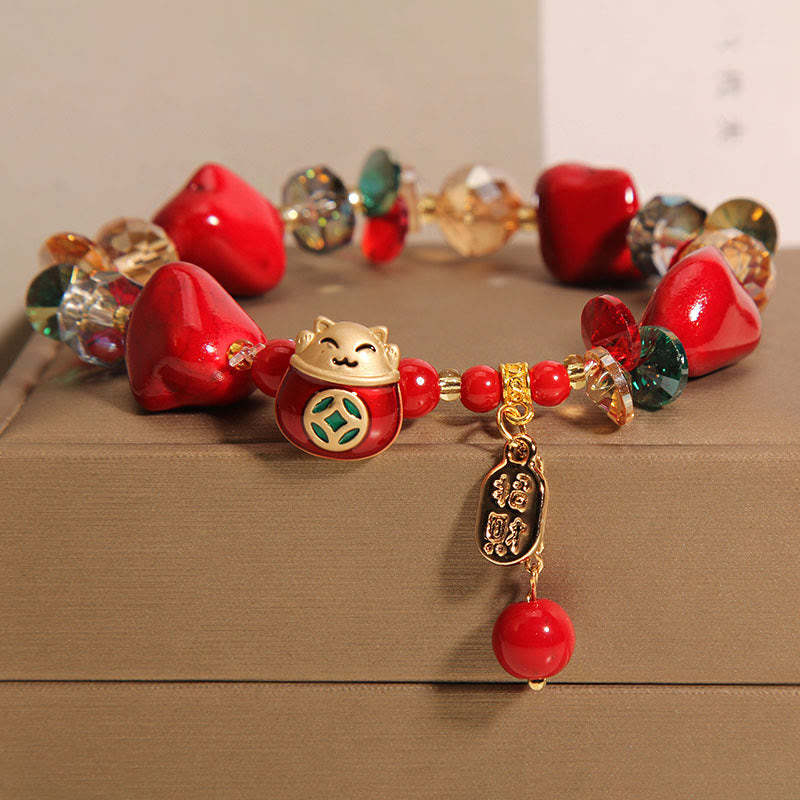 Red Stone Lucky Cat Rabbit Fu Character Fortune Bracelet
