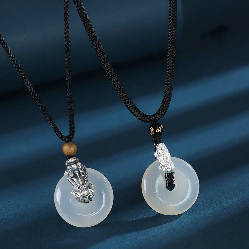 White Agate 999 Sterling Silver Black Onyx Green Sandalwood Pi Xiu Peace Buckle Six True Words Necklace Pendant