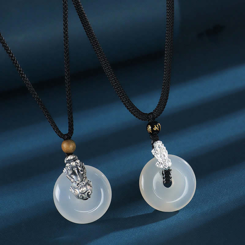 White Agate 999 Sterling Silver Black Onyx Green Sandalwood Pi Xiu Peace Buckle Six True Words Necklace Pendant