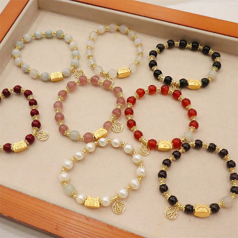 Year Of The Dragon Red Agate Strawberry Quartz Black Obsidian Jade Garnet Pearl Cinnabar Dumpling Dragon Luck Fu Character Bracelet