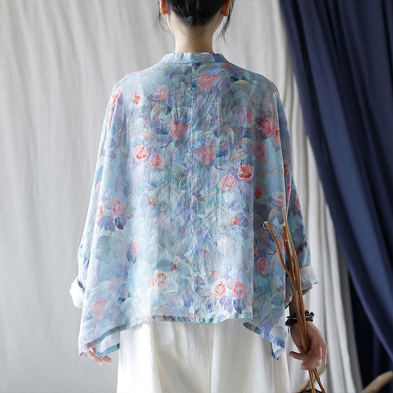 Pink Flowers Green Leaves Print Frog-button Design Long Sleeve Ramie Linen Jacket Shirt