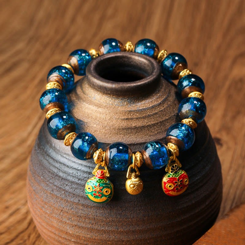 Gold Swallowing Beast Family Charm Liuli Glass Bead Fortune Bracelet
