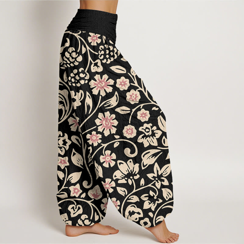 Casual Beige Pink Flowers Grapes Design Women's Elastic Waist Harem Pants