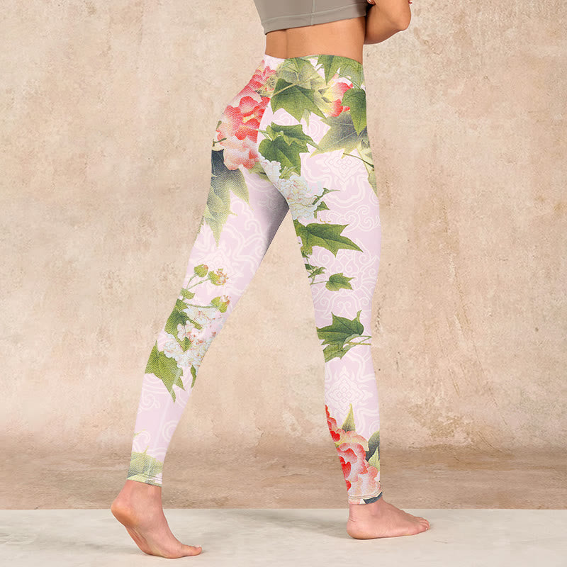 Hibiscus Flowers And Leaves Print Gym Leggings Women's Yoga Pants