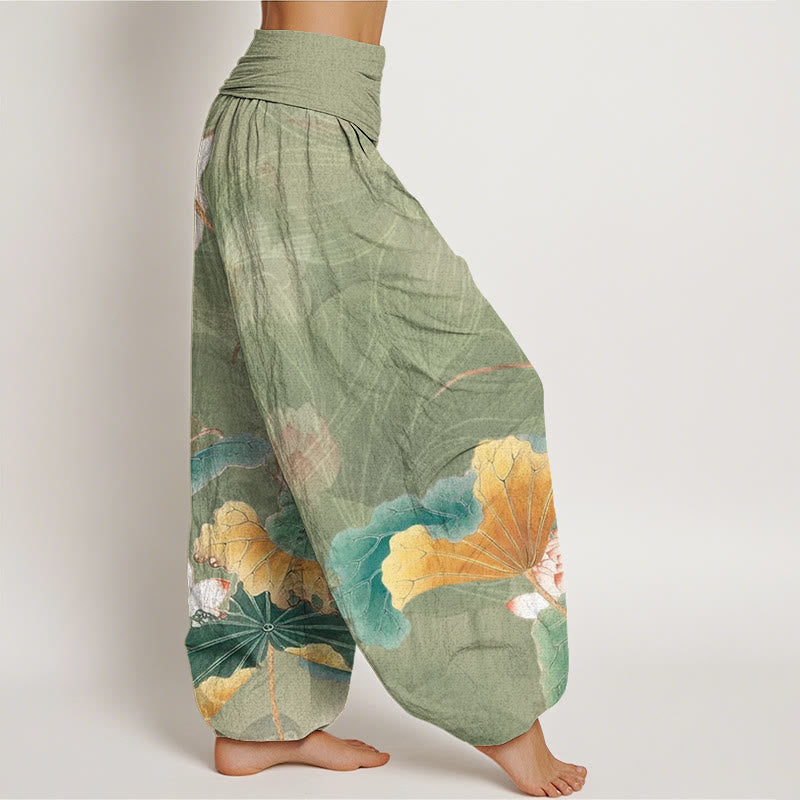 Lotus Flowers Leaves Pattern Women's Elastic Waist Harem Pants