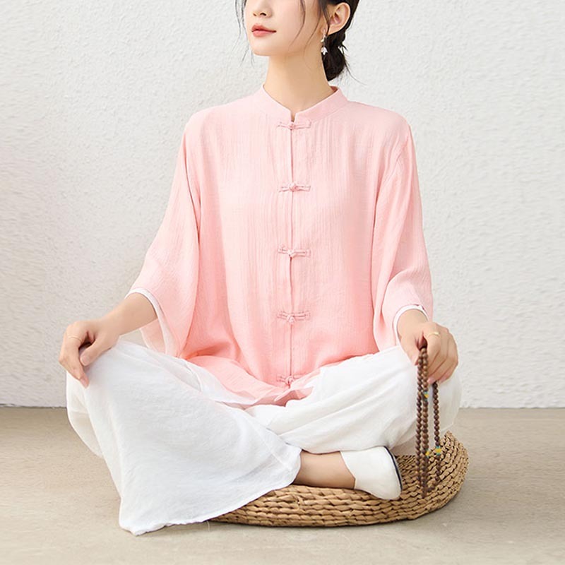 2Pcs Simple Chinese Frog Button Design Top Pants Meditation Yoga Zen Tai Chi Cotton Clothing Women's Set