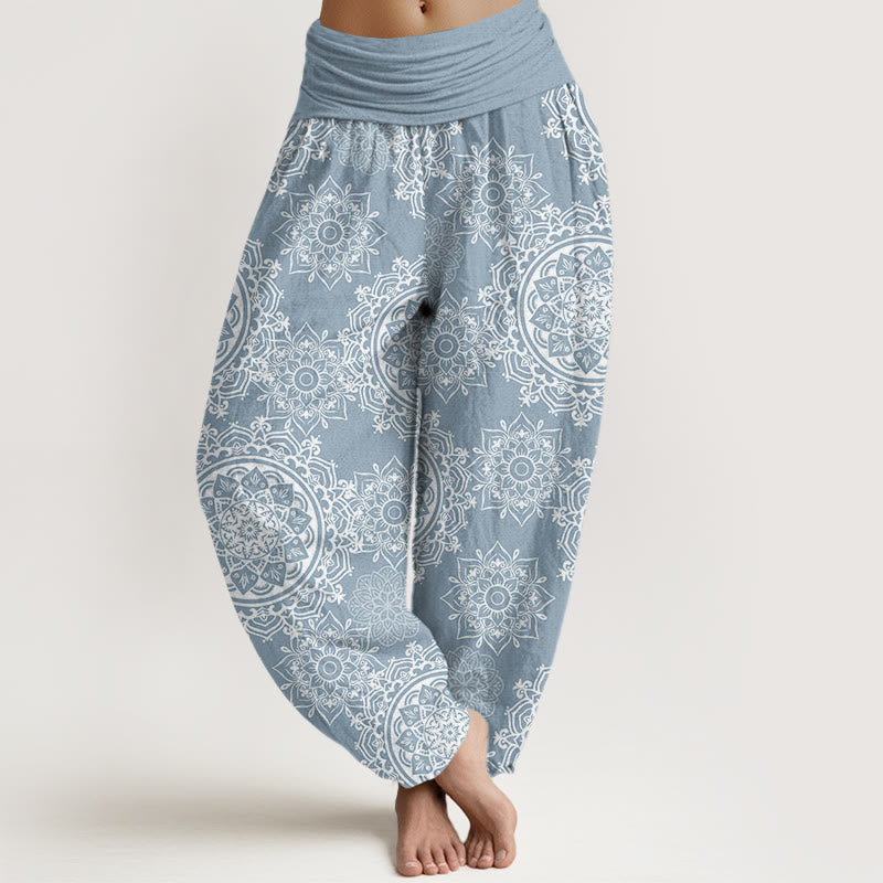 Casual White Mandala Flower Design Women's Elastic Waist Harem Pants