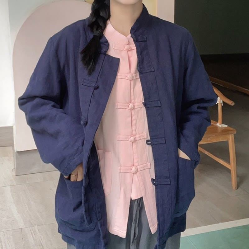 Solid Color Frog-button Long Sleeve Cotton Linen Women's Shirts With Pockets