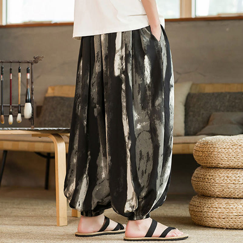 Black White Ink Gradient Cotton Linen Braided Drawstring Men's Harem Pants With Pockets