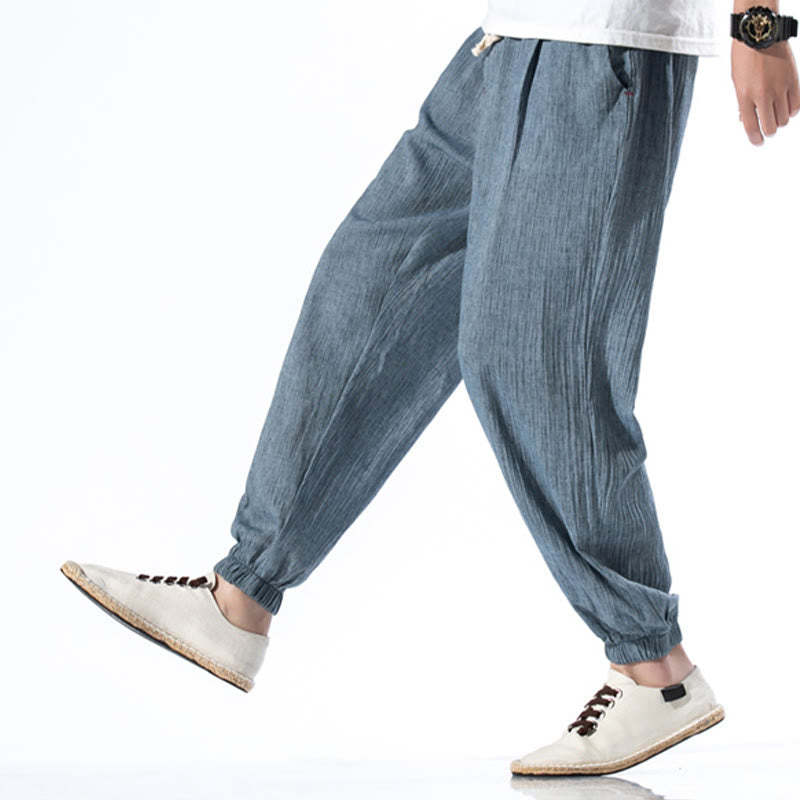 Casual Solid Color Drawstring Linen Men's Pants With Pockets