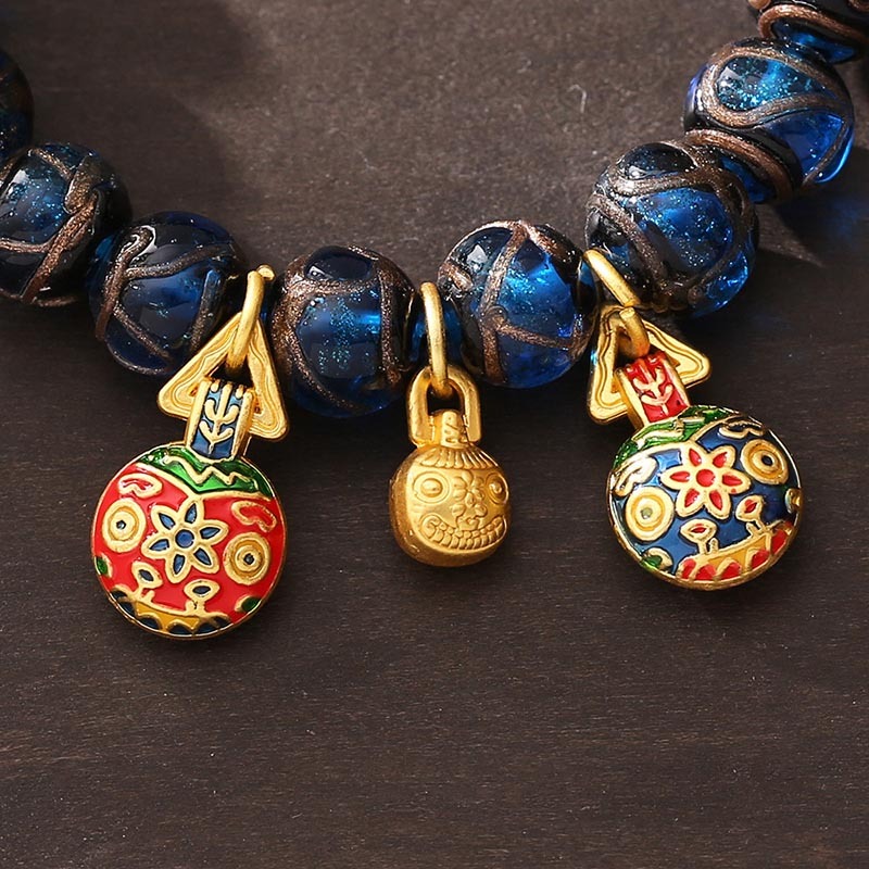 Gold Swallowing Beast Luck Charm Blue Liuli Glass Bead Fortune Bracelet
