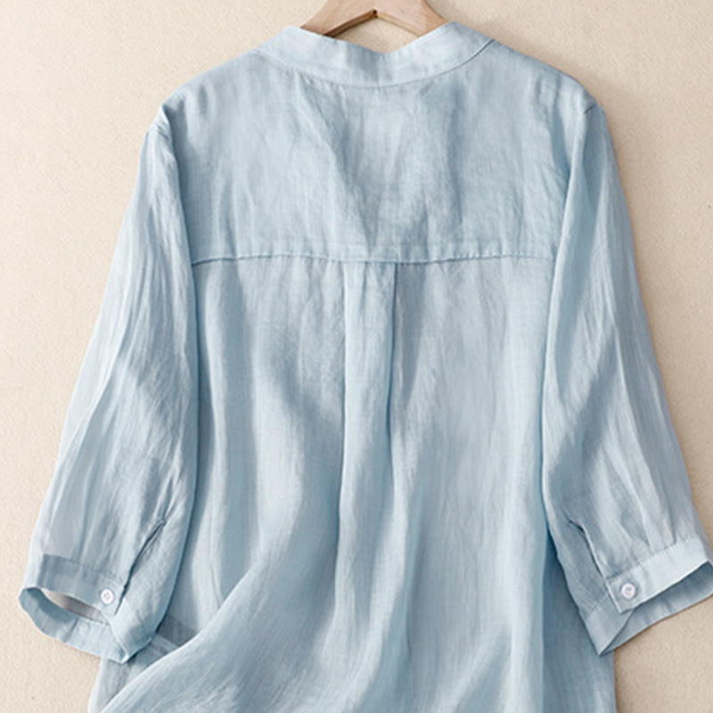 Casual Plain Women's V-Neck Design Three Quarter Sleeve Cotton Viscose Shirt