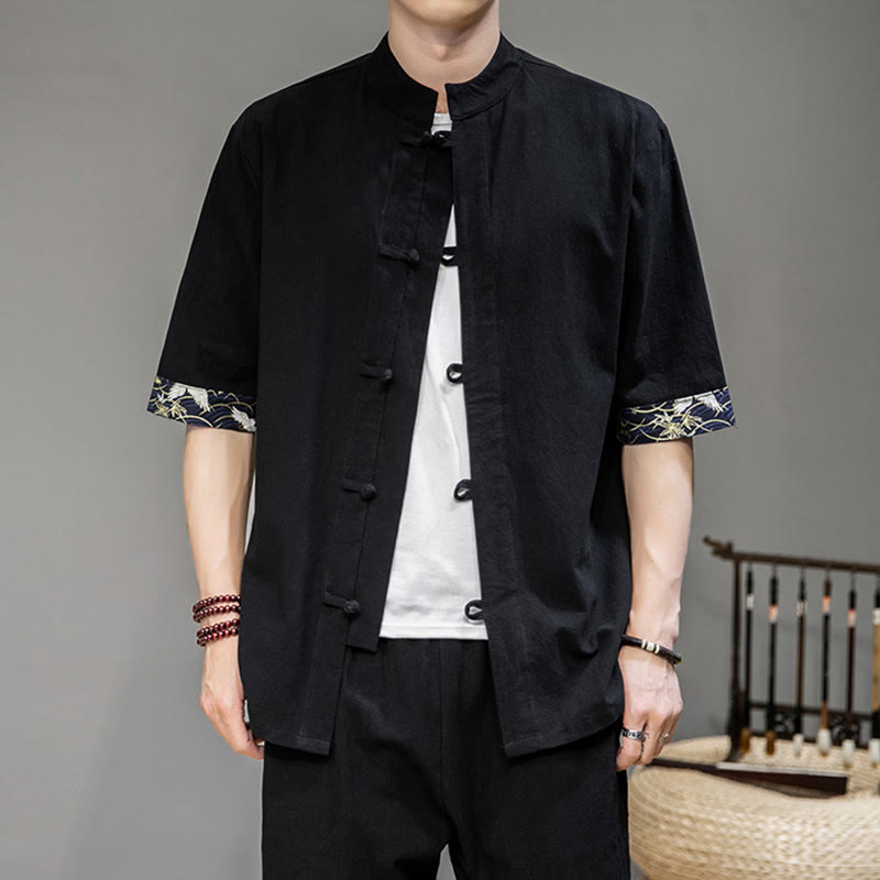 Frog-Button Chinese Tang Suit Half Sleeve Crane Shirt Jacket Linen Men Clothing