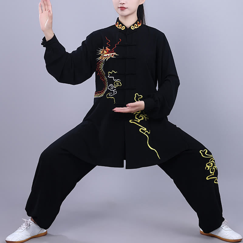2Pcs Fall Embroidery Dragon Frog-Button Tai Chi Meditation Qigong Zen Practice Unisex Cotton Clothing Set
